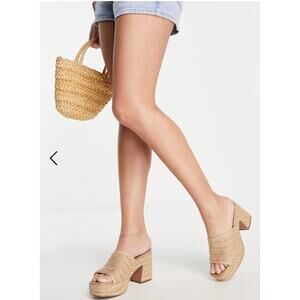 ASOS Womens Harmony Heeled‎ Platform Mules Size 8 Open Toe Woven Raffia Resort
